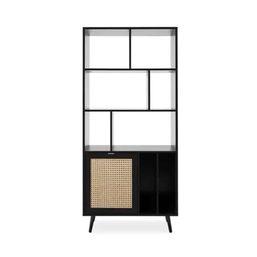 LIBRERIA VIENNA20A NERA CON FRONTALI EFFETTO VIMINI MOBILE A GIORNO 1 ANTA 8 RIPIANI E 1 VANO 80X35X175 H CM