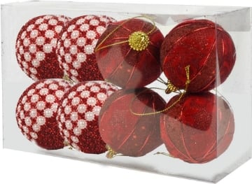 MAURY'S BOX CON 8 SFERE DI NATALE PER ALBERO DA 8 CM ROSSO E BIANCO CON PERLINE OKXN