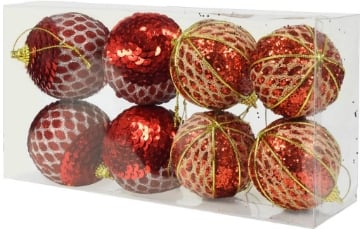 MAURY'S BOX CON 8 SFERE DI NATALE PER ALBERO DA 8 CM ROSSO E ORO CON PERLINE OKXN