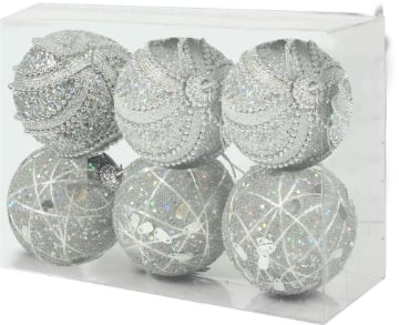 MAURY'S BOX DA 6 SFERE LUX DA 10 CM SILVER CON PAILLETTES E GLITTER OKXN