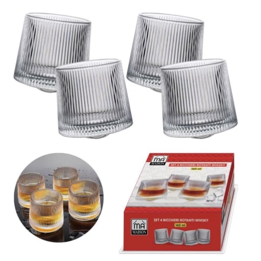 MA MAISON SET 4 BICCHIERI ROTANTI DA WHISKY IN VETRO A RIGHE 160 ML OKXN