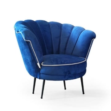 POLTRONA OREL A FORMA DI CONCHIGLIA IN VELLUTO BLU NAVY CON BORDI BIANCHI E PIEDINI NERI - L 75 X P 80 X H 75 CM