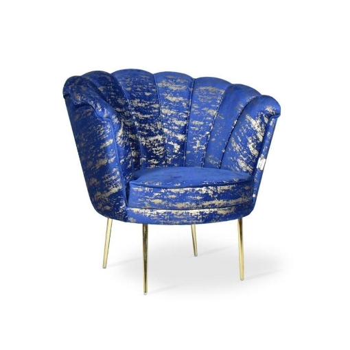 POLTRONA OREL A FORMA DI CONCHIGLIA IN VELLUTO BLU NAVY FANTASIA STRIATA ORO E PIEDINI ORO - L 70 X P 70 X H 76 CM