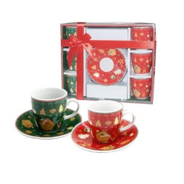 MA MAISON SET 6 TAZZINE CON PIATTINO STILE COOKIES ROSSE E VERDI IDEA REGALO OKXL