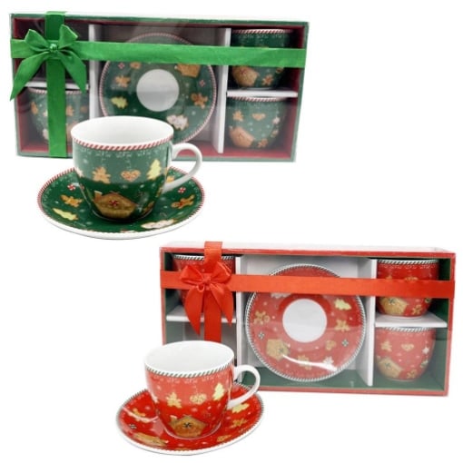 MA MAISON SET 4 TAZZE 210 CC CON PIATTINO STILE COOKIES ROSSE E VERDI IDEA REGALO OKXL