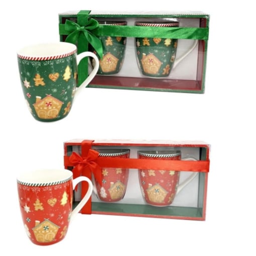 MA MAISON SET 2 TAZZE MUG 350 CC ROSSE E VERDI STILE NATALIZIO COOKIES IDEA REGALO OKXL