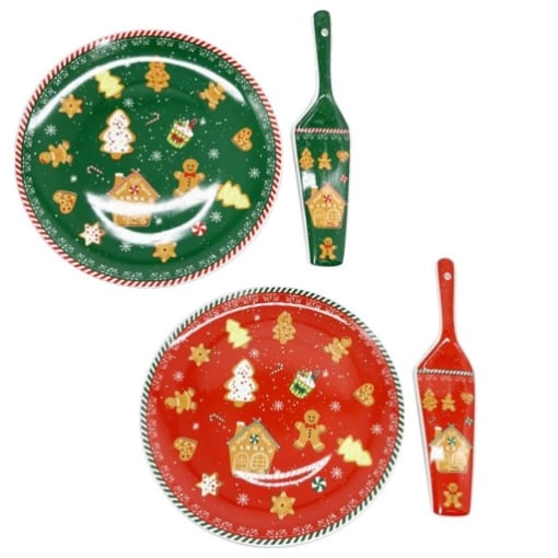 MA MAISON PIATTO DA PORTATA CON PALETTA 26 CM ROSSO O VERDE STILE NATALIZIO COOKIES ASSORTITO OKXL