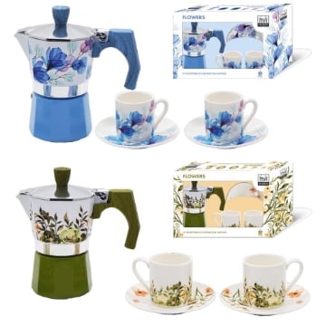 MA MAISON SET CAFFETTIERA + 2 TAZZINE CON PIATTINO MODELLO FLOREALE COLORI ASSORTITI OKX