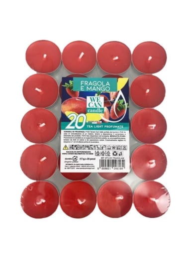 TEA LIGHT CANDELE PROFUMATE 20 PZ DURATA 4+ ORE FRAGOLA E MANGO 