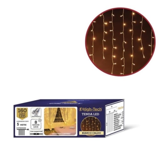 HIGH-TECH NATALE TENDA  LUMINOSA 160 LED BIANCO CALDO MT 2X2 - 8 GIOCHI DI LUCE CAVO TRASPARENTE DA 5 MT 8 STRINGHE OKXL