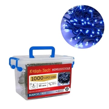 HIGH-TECH FILO LED 1000 LUCI LED BIANCO/BLU IN BOX 8 GIOCHI LUCI 45 MT PER USO INTERNO E ESTERNO 