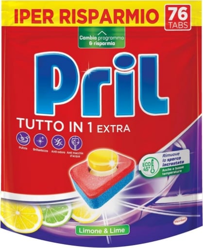 PRIL TUTTO IN 1 EXTRA TABS LIMONE & LIME PASTIGLIE PER LAVASTOVIGLIE EFFICACI GIÀ A 40° CON 8 AZIONI 76 TABS OKX