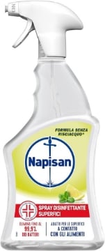 NAPISAN SPRAY DISINFETTANTE MULTISUPERFICI LIMONE E MENTA 740 ML ELIMINA 99,9% BSTTERI PER SUPERFICI A CONTATTO CON ALIMENTI