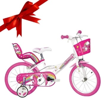 BICICLETTA 16 POLLICI UNICORN BAMBINA CON ROTELLE SEGGIOLINO E CESTINO