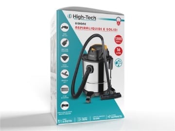 HIGH-TECH ASPIRATORE WET&DRY LIQUIDI E SOLIDI 1200 W 16LT FUNZIONE SOFFIAGGIO CAVO 3 MT DESIGN STOCCAGGIO ACCESSORI 