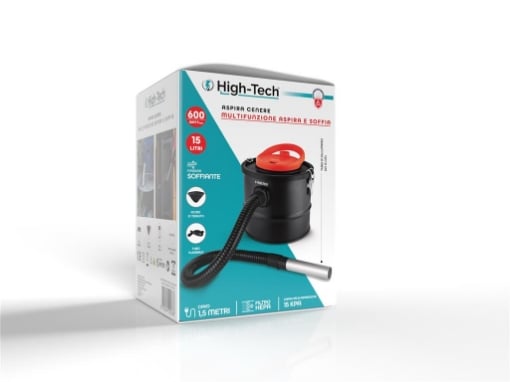 HIGH-TECH ASPIRA CENERE 600W - 15LT FUNZIONE SOFFIAGGIO 220-240V CAVO 1,5 LT COLORE NERO E ROSSO CON ACCESSORI 