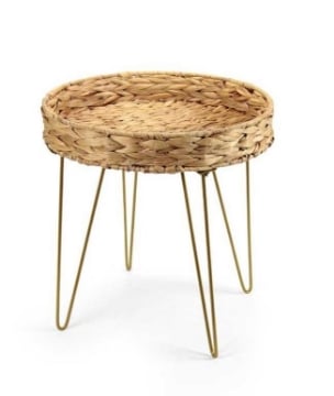 TAVOLINO TONDO IN PAGLIA GIACINTO D'ACQUA E METALLO CON GAMBE ORO IN METALLO EFFETTO VIMINI D.38X40H CM ARREDO OKX