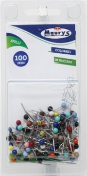 BLISTER DI 100 SPILLI COLORATI IN ACCIAIO PER APPUNTARE FOGLI O DOCUMENTI 
