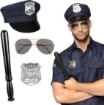 SET POLIZIA BERRETTO OCCHIALI DISTINTIVO E MANGANELLO 33 CM COSTUME DA POLIZZIOTTO PER FESTA