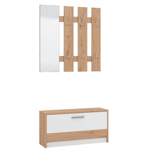 MOBILE PER INGRESSO SCARPIERA E ATTACCAPANNI  IN LEGNO TRUCIOLARE BILAMINATO COLORE ROVERE CHIARO E BIANCO  CM 91,6 X 28,1 X 202 H OKX