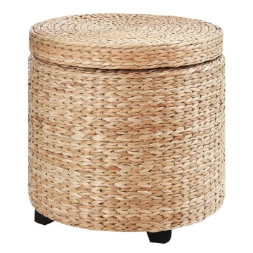 POUF CONTENITORE TONDO CON RIVESTIMENTO RATTAN LEPIRONIA SGABELLO POGGIAPIEDI 43X43CM KHAKI
