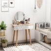 TAVOLO DA TRUCCO CON SPECCHIO TONDO E CASSETTO CON DECORAZIONE JUNGLE BIANCO E ROVERE