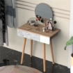 TAVOLO DA TRUCCO CON SPECCHIO TONDO E CASSETTO CON DECORAZIONE JUNGLE BIANCO E ROVERE
