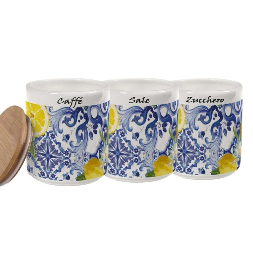 PANAREA TRIS BARATTOLI IN CERAMICA  CON TAPPO IN LEGNO 10X12 CM OKX
