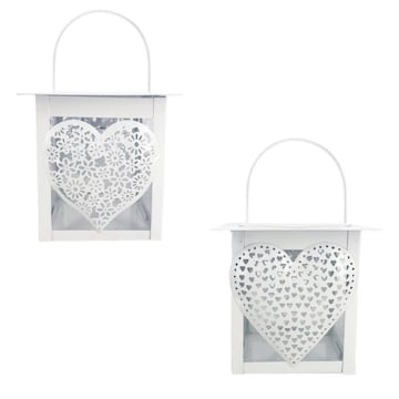 LANTERNA PORTACANDELA BIANCA CON MOTIVO A  CUORE 12X24H CM IN FANTASIA ASSORTITA 