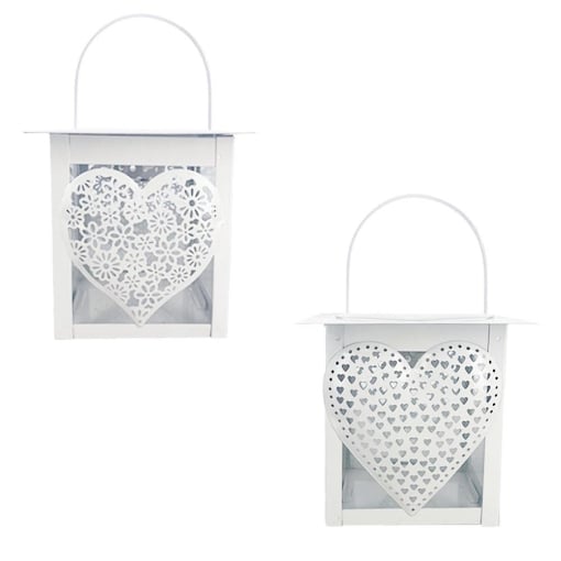 LANTERNA PORTACANDELA BIANCA CON MOTIVO A  CUORE 12X24H CM IN FANTASIA ASSORTITA 