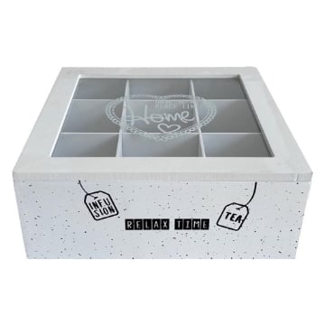 MA MAISON SCATOLA PORTA TÉ RELAX TIME CON 9 SCOMPARTI COLORE BIANCO E VETRO 24X24 CM OKX
