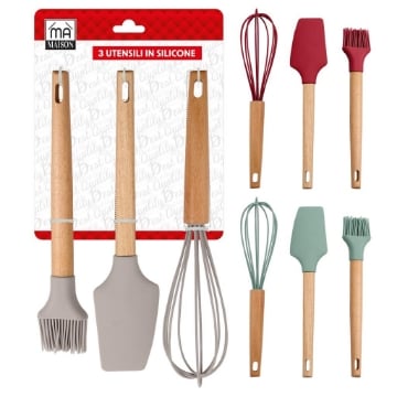 MA MAISON SET DI 3 UTENSILI IN SILICONE PER LA CUCINA MANICO IN LEGNO FACILE IMPUGNATURA FORO PER APPENDERLI COLORI ASSORTITI OKX