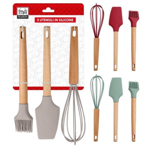 MA MAISON SET DI 3 UTENSILI IN SILICONE PER LA CUCINA MANICO IN LEGNO FACILE IMPUGNATURA FORO PER APPENDERLI COLORI ASSORTITI OKX