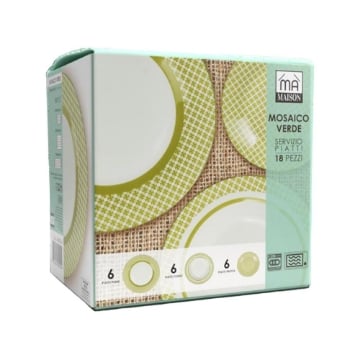SERVIZIO PIATTI 18 PEZZI EFFETTO MOSAICO COLORE VERDE 6 PIATTI PIANI 6 FONDI 6 FRUTTA 