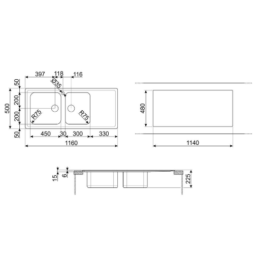 SMEG LAVELLO ACCIAIO INOX 2 VASCHE CON GOCCIOLATOIO DESTRO 116X50 CM