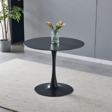 TAVOLO ROTONDO DOT CON PIANO IN CERAMICA EFFETTO MARMO NERO CON PARTICOLARI ORO E GAMBA NERA 120X75 H