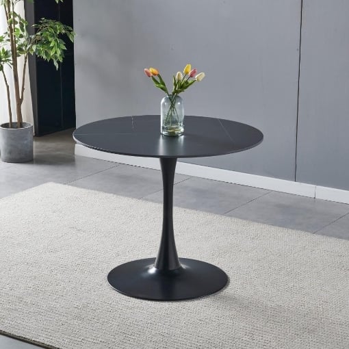TAVOLO ROTONDO DOT CON PIANO IN CERAMICA EFFETTO MARMO NERO CON PARTICOLARI ORO E GAMBA NERA 120X75 H