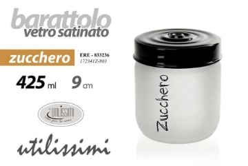BARATTOLO TONDO IN VETRO SATINATO PER ZUCCHERO DA 425 CC 9 CM TOP NERO