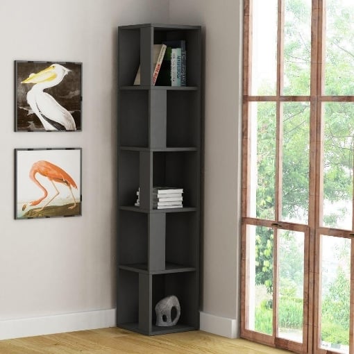 LIBRERIA ANGOLARE COLORE ANTRACITE CON 5 RIPIANI STRUTTURA VERTICALE SUBICA 31,4X31,4X158,9 H CM