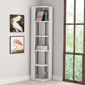 LIBRERIA ANGOLARE NATI COLORE BIANCO CON 5 RIPIANI FORMA CUBICA A SCOMPARSA MISURE 34X34X161 H CM
