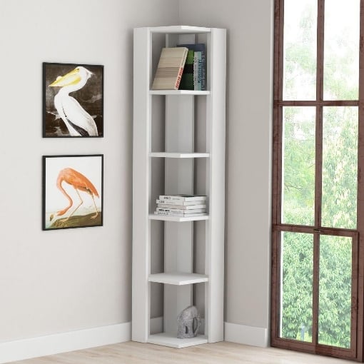LIBRERIA ANGOLARE NATI COLORE BIANCO CON 5 RIPIANI FORMA CUBICA A SCOMPARSA MISURE 34X34X161 H CM