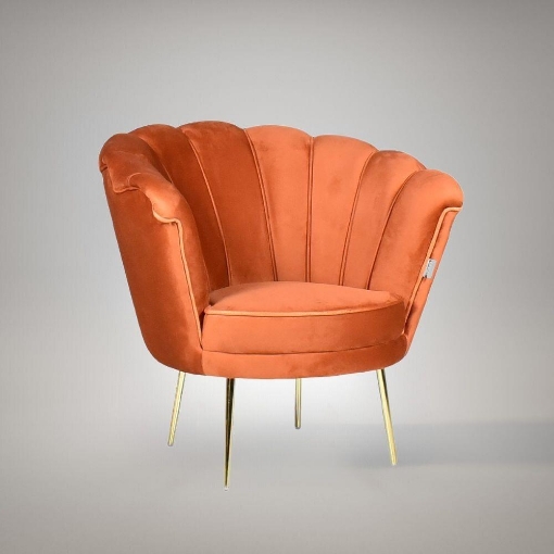 POLTRONA OREL A FORMA DI CONCHIGLIA IN VELLUTO RUGGINE CHIARO E PIEDINI ORO - L 70 X P 70 X H 76 CM