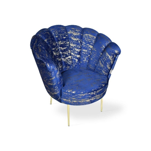 POLTRONA OREL A FORMA DI CONCHIGLIA IN VELLUTO BLU NAVY FANTASIA STRIATA ORO E PIEDINI ORO - L 70 X P 70 X H 76 CM
