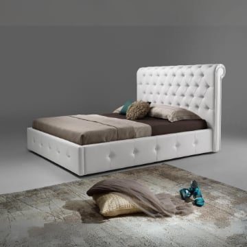 LETTO MATRIMONIALE CONTENITORE BIANCO IMBOTTIRUTA IN ECOPELLE CON RETE A DOGHE 180L X 223P X 120H CM