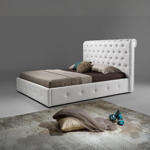 LETTO MATRIMONIALE CONTENITORE BIANCO IMBOTTIRUTA IN ECOPELLE CON RETE A DOGHE 180L X 223P X 120H CM