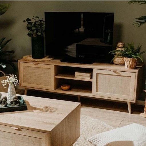 MOBILE PORTA TV BALI CON 2 ANTE EFFETTO VIMINI 1 VANO A GIORNO CON RIPIANO + FORO PASSACAVI - L 150 X P 40 X 52 H CM