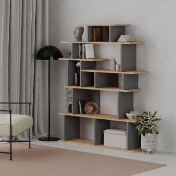 LIBRERIA DESIGN APOLLON ANTRACITE CON DETTAGLI DEI RIPIANI IN ROVERE PORTATA MASSIMA 50 KG - 120X29,2X149 H CM