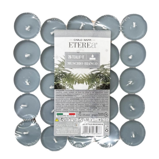 TEA LIGHT PROFUMATE AL MUSCHIO BIANCO IN CONFEZIONE DA 25 PEZZI