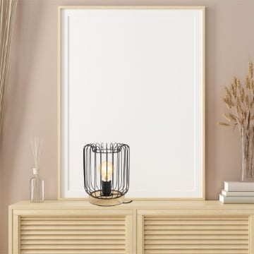 LAMPADA DA ARREDO IN METALLO NERO CON BASE IN LEGNO 17X17X24CM  STILE BOHO
