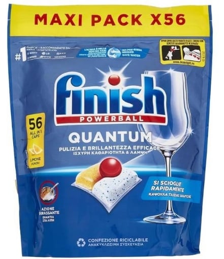 FINISH POWERBALL QUANTUM PULIZIA E BRILLANTEZZA EFFICACE PER LAVASTOVIGLIE SI SCIOGLIE RAPIDAMENTE FRAGRANZA LIMONE 56 CAPSULE OKX 